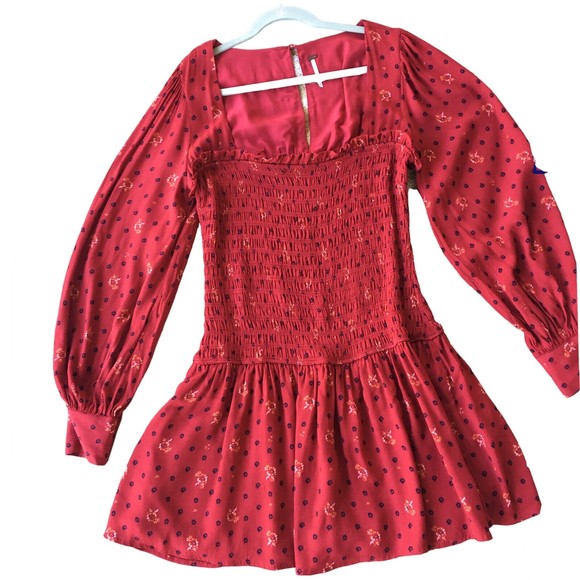 Free People Two Faces Mini Dress Size M Red Smocked Square Neck Cottage Boho - Picture 2 of 10